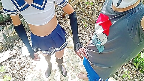 Busty schoolgirls go public and play with their dicks