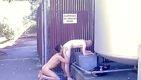 Horny brunette with a big ass has a hot blowjob in the yard