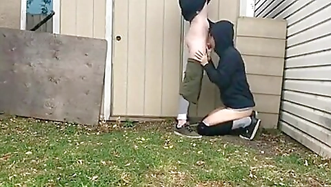 Blonde girl with sexy pair of boobs getting deepthroated outdoors