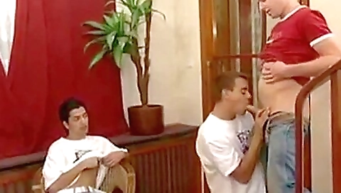Young guys fuck a big cock in the throats of two younger women