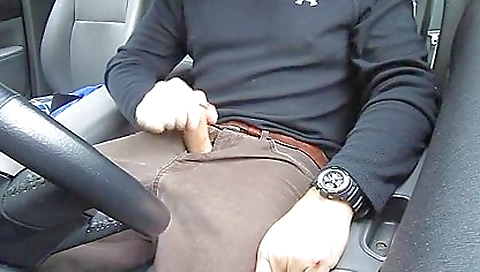 Car driver caresses her pussy on the car in the morning